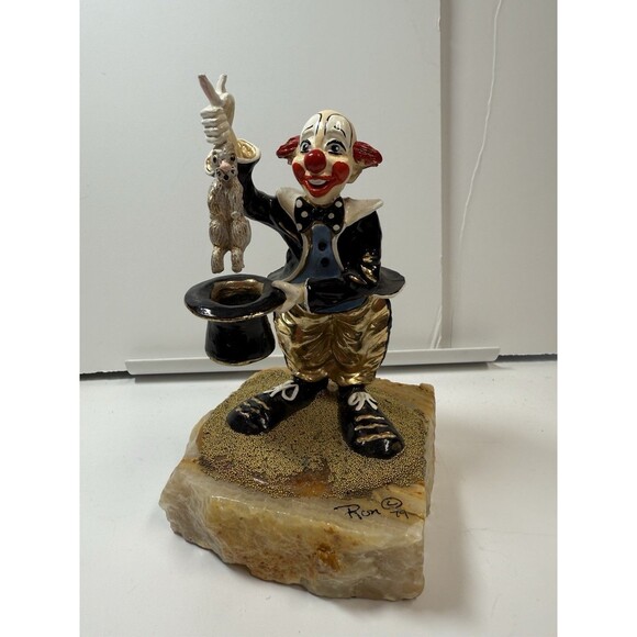 Vintage Ron Lee Signed 1979 Magician Clown With Rabbit Hat Large Onyx Figurine - Picture 1 of 9